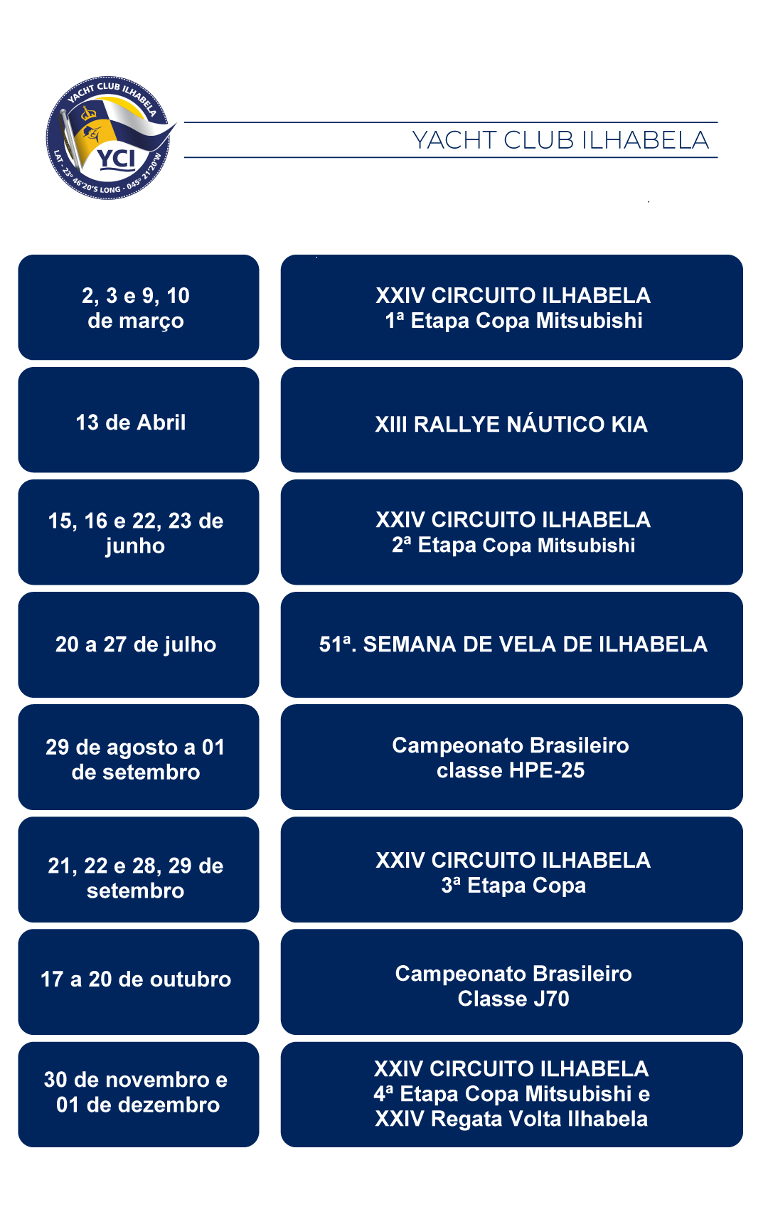 Calendário de Vela 2024 Yacht Club de Ilhabela Site Oficial